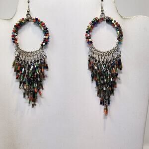 Sassy Jones Seed Bead Dangle Hook Fringe Earrings Silver Tone Statement Jewelry